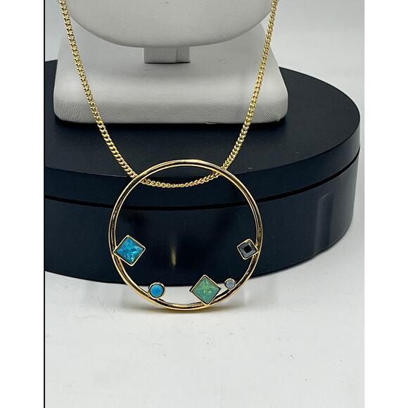 Botkier Designer Gold Tone Geometric Round Pendant Multicolor Stone Necklace New - Picture 10 of 10